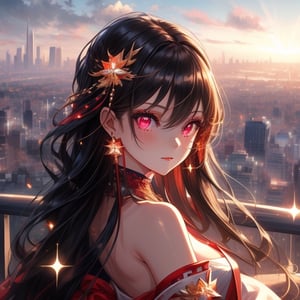masterpiece, high_quality, 16k, 1080P, intricate_quality, 1girl, long_hair, beautiful_eyes, beautiful_girl, beautiful_face, gorgeous,black_hair/red_eyes,Perfect female body,
,glitter,cityscape,firefly,Miko clothing,
