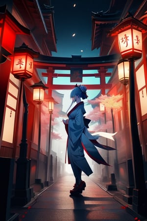 masterpiece, high_quality, 16k, 1080P, intricate_quality, 1girl, beautiful_eyes, beautiful_girl, beautiful_face, gorgeous,white_hair/blue_eyes,Perfect female body,
,glitter japanese temple masterpiece, best quality, landscape, magical world, fantasy, (mysterious:1.5), Charming, Majestic, (no humans:1), Japanese-style ancient stree, tbustling street, traditional architecture, lanterns, cherry blossom trees, torii, old-fashioned wooden signs, winding alleys, mystical atmosphere.,formal dress,
