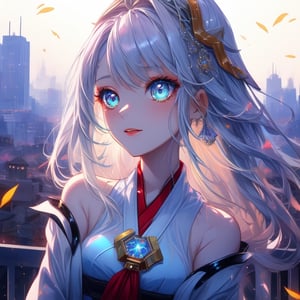 masterpiece, high_quality, 16k, 1080P, intricate_quality, 1girl, beautiful_eyes, beautiful_girl, beautiful_face, gorgeous,white_hair/blue_eyes,Perfect female body,
,glitter,cityscape,firefly,Miko clothing,
