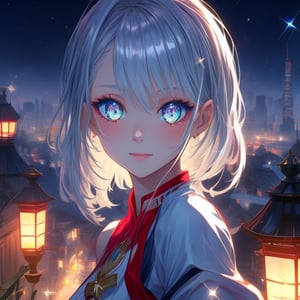 masterpiece, high_quality, 16k, 1080P, intricate_quality, 1girl, beautiful_eyes, beautiful_girl, beautiful_face, gorgeous,white_hair/blue_eyes,Perfect female body,
,glitter,cityscape,firefly,Miko clothing,
