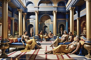 photorealistic Eugene Delacroix by Laurie Lipton superfine detailed color painting of all females harem relaxing in ornate exotic setting,highly detailed
