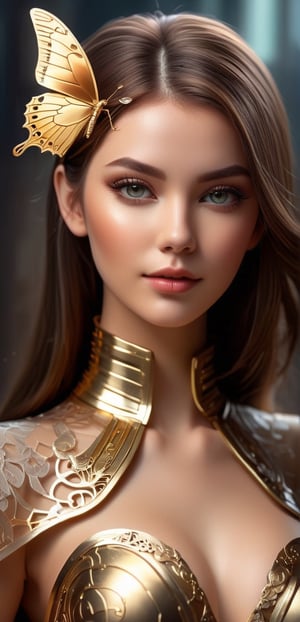 Medium full shot ,4k,best quality,masterpiece,1 American girl, 1 girl,(brown hair,streaked hair, long hair, hime cut,), intricate and elegant, highly detailed and majestic digital photography, art by artgerm and ruan jia and greg rutkowski Surreal painting gold butterfly filigree, broken glass, side lights , finely detailed beautiful eyes), Detailed Textures, high quality, high resolution, high Accuracy, realism, color correction, Proper lighting settings, harmonious composition, Behance works, smile,(oil shiny skin:1.5), (big_boobs:1.2), willowy, chiseled, (hunky:2.6),(( body rotation 120 degree)), (perfect anatomy, prefecthand, dress, long fingers, 4 fingers, 1 thumb), 9 head body lenth, dynamic sexy pose, breast apart, (artistic pose of awoman),GARTERBELT,smoke on the water,xxmix_girl,NYFlowerGirl,steampunk style,steampunk,chrometech,surface imperfections