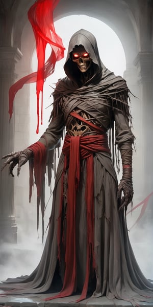 decaying mummy,a malevolent and ancient sorcerer, withered, shrouded in rotting bandages, emaciated body. grotesque, skin is a sickly grey, covered in tattered rotting bandages, is body is emaciated, his face is hidden by a hooded red robe, glowing sinister red eyes, malevolent, masterpiece, best quality, aesthetic,,smile, (oil shiny skin:1.3), (huge_boobs:3.6), willowy, chiseled, (hunky:3.4), body rotation 90 degree, (perfect anatomy, prefecthand, dress, long fingers, 4 fingers, 1 thumb), 9 head body lenth, dynamic sexy pose, breast apart, ((cowboy shot)), (artistic pose of a woman),Glass Elements,(Transperent Parts),crystalz,DonMM00m13sXL,stalker,photo of a transparent ghost,liquid dress,chrometech,surface imperfections