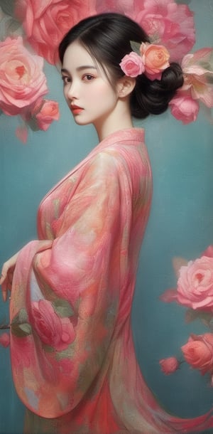 Create a modern-styled sketch portrait in silk textured paper of a gentle lady inspired by roses and love, utilizing the vibrant color palettes and sleek lines reminiscent of the works by Chinese contemporary artist Zhang Xiaogang, background is full of roses abstracts,chinese_painting,xxmix_girl,Chinese girl ,chrometech,DonM3lv3sXL,Sharp eyes ,DonMF41ryW1ng5XL
