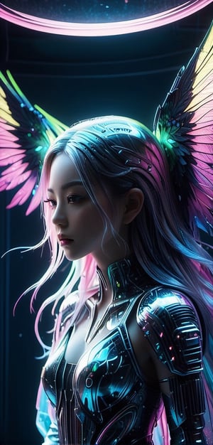 (a woman with long hair standing in front of a mirror, sci-fi highly detailed, fairy cgsociety, highly detailed zen neon, kawaii realistic portrait, artdevian, marc brunet, winged human, beautiful intricate painting, highly intricate mindar punk, pixiv frontpage, inspired by Georges Emile Lebacq, anime inspiration), Detailed Textures, high quality, high resolution, high Accuracy, realism, color correction, Proper lighting settings, harmonious composition, Behance works, more detail XL, Anime, hentai, sooyaaa,Strong Backlit Particles,chrometech,DonMF41ryW1ng5XL,surface imperfections