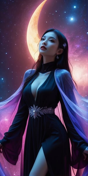 1girl,European girl,black swan , Cosmic Milky into dress,Waysolo, black gloves, veil, thigh boots, detached sleeves, purple halter dress, (pantyhose), short shorts, detached collar, cowboy shot, looking at viewer, finger to mouth, looking at viewer, , ecstasy, gasping, smile, open mouth, standing, crescent moon, nebula, starry sky.,smile, (oil shiny skin:1.0), (big_boobs:2.6), willowy, chiseled, (hunky:2.4),(( body rotation -35 degree)), (upper body:0.8),(perfect anatomy, prefecthand, dress, long fingers, 4 fingers, 1 thumb), 9 head body lenth, dynamic sexy pose, breast apart, (artistic pose of awoman),Leonardo,NIJI STYLE,Strong Backlit Particles,ao dai,Ao Dai,dress,Vietnam,chrometech,xxmix_girl,DonMChr0m4t3rr4XL ,DonM3lv3sXL,xxmixgirl,DonMF41ryW1ng5XL,(PnMakeEnh)