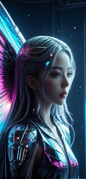 medium full shot,(a woman with long hair standing in front of a mirror, sci-fi highly detailed, fairy cgsociety, highly detailed zen neon, kawaii realistic portrait, artdevian, marc brunet, winged human, beautiful intricate painting, highly intricate mindar punk, pixiv frontpage, inspired by Georges Emile Lebacq, anime inspiration), Detailed Textures, high quality, high resolution, high Accuracy, realism, color correction, Proper lighting settings, harmonious composition, Behance works, more detail XL, Anime, hentai, sooyaaa,Strong Backlit Particles,chrometech,DonMF41ryW1ng5XL,surface imperfections