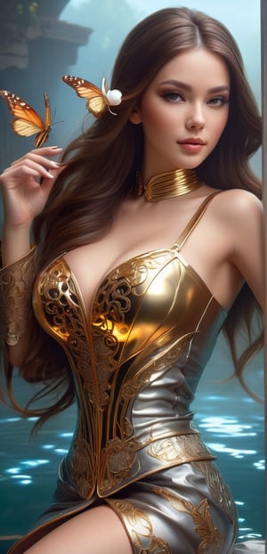 Medium full shot ,4k,best quality,masterpiece,1 American girl, 1 girl,(brown hair,streaked hair, long hair, hime cut,), intricate and elegant, highly detailed and majestic digital photography, art by artgerm and ruan jia and greg rutkowski Surreal painting gold butterfly filigree, broken glass, side lights , finely detailed beautiful eyes), Detailed Textures, high quality, high resolution, high Accuracy, realism, color correction, Proper lighting settings, harmonious composition, Behance works, smile,(oil shiny skin:1.5), (big_boobs:1.2), willowy, chiseled, (hunky:2.6),(( body rotation 120 degree)), (perfect anatomy, prefecthand, dress, long fingers, 4 fingers, 1 thumb), 9 head body lenth, dynamic sexy pose, breast apart, (artistic pose of awoman),GARTERBELT,smoke on the water,xxmix_girl,NYFlowerGirl,steampunk style,steampunk,chrometech,surface imperfections