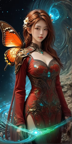 1girl, solo, looking at viewer,very lone hair, bangs, red hair, hair ornament, upper body, flower, parted lips, detached sleeves, japanese clothes, hair flower, wide sleeves, mole, black eyes, lips, mole under eye, makeup, bug, feathers, butterfly, red lips
,smile, (oil shiny skin:1.3), (big_boobs:2.5), willowy, chiseled, (hunky:3), body turn 156 degree, (perfect anatomy, prefecthand, dress, long fingers, 4 fingers, 1 thumb), 9 head body lenth, dynamic sexy pose, breast apart, (medium full shot), (artistic pose of a woman),cyborg style,Time Travel Style,photo r3al,neon style,simple background,Extremely Realistic,circuitboard,TechStreetwear,xxmix_girl,chrometech,surface imperfections,BRS0,BRS2,KJP530R,M601R,DonMASKTexXL ,DonMS4ndW0rldXL,made of sand