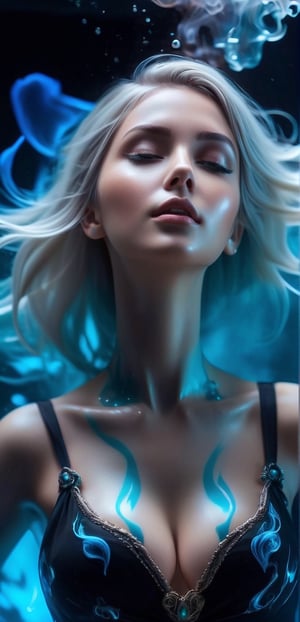 Medium full shot ,4k,best quality,masterpiece,1 American girl, 1 girl,(sliver hair,multicolored blonde hair, long hair, blunt bangs,), A photography of jewelry ,a luminous transparent bioluminescent multidimensional entity, a beautiful woman with dark hair in black and white is surrounded by BLUE ink that flows like smoke. She has her head tilted back as she floats underwater, creating an ethereal atmosphere. Her face reflects intense emotions of pain or sadness, adding to his mysterious allure.,smile,(oil shiny skin:1.0), (big_boobs:1.9), willowy, chiseled, (hunky:2.6),(( body rotation 120 degree)), (perfect anatomy, prefecthand, dress, long fingers, 4 fingers, 1 thumb), 9 head body lenth, dynamic sexy pose, breast apart, (artistic pose of awoman),ink,better photography,abyssaltech ,Extremely Realistic,dissolving,smoke on the water,steampunk style