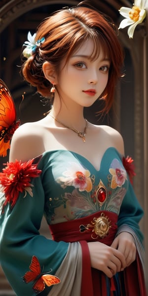 1girl, solo, looking at viewer,very lone hair, bangs, red hair, hair ornament, upper body, flower, parted lips, detached sleeves, japanese clothes, hair flower, wide sleeves, mole, black eyes, lips, mole under eye, makeup, bug, feathers, butterfly, red lips
,smile, (oil shiny skin:1.3), (big_boobs:2.5), willowy, chiseled, (hunky:3), body turn 156 degree, (perfect anatomy, prefecthand, dress, long fingers, 4 fingers, 1 thumb), 9 head body lenth, dynamic sexy pose, breast apart, (medium full shot), (artistic pose of a woman),