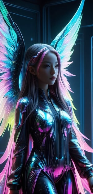 medium full shot,(a woman with long hair standing in front of a mirror, sci-fi highly detailed, fairy cgsociety, highly detailed zen neon, kawaii realistic portrait, artdevian, marc brunet, winged human, beautiful intricate painting, highly intricate mindar punk, pixiv frontpage, inspired by Georges Emile Lebacq, anime inspiration), Detailed Textures, high quality, high resolution, high Accuracy, realism, color correction, Proper lighting settings, harmonious composition, Behance works, more detail XL, Anime, hentai, sooyaaa,Strong Backlit Particles,chrometech,DonMF41ryW1ng5XL,surface imperfections