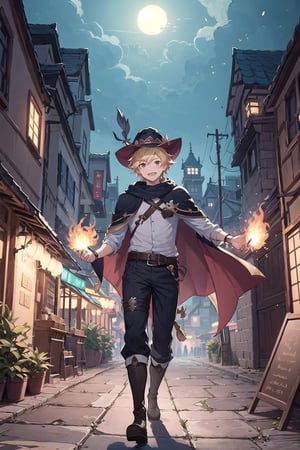 Generate an image of a blond 15-year-old boy wearing a dark red witch hat and cloak. He should be dressed in comfortable yet adventurous clothing, with boots and a belt adorned with fire symbols. Beside him, a floating magic book accompanies him. The boy should have a mischievous and youthful smile, as he is a young wizard strolling through the dangerous nighttime streets of a city filled with thieves. The scene should convey a sense of intrigue and adventure, with details reflecting the nocturnal and mysterious atmosphere of the city.und,CclFr,ASU1,vane /(granblue fantasy/),Laios Touden,venti (genshin impact)