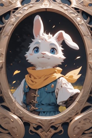 ((FURRY)) Generate an image featuring a male adventurer rabbit facing the camera, exuding both tenderness and defiance. The rabbit should be wearing medieval clothing, adorned with a scarf, showcasing his adventurous spirit. The background should evoke a fantasy setting, although the scene will primarily focus on the close-up of the rabbit. With a confident gaze, the rabbit invites viewers into his world of adventure and mystery. Overall, the scene should capture the captivating essence of this adventurous rabbit character.