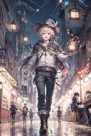 Generate an image of a blond 15-year-old boy wearing a dark red witch hat and cloak. He should be dressed in comfortable yet adventurous clothing, with boots and a belt adorned with fire symbols. Beside him, a floating magic book accompanies him. The boy should have a mischievous and youthful smile, as he is a young wizard strolling through the dangerous nighttime streets of a city filled with thieves. The scene should convey a sense of intrigue and adventure, with details reflecting the nocturnal and mysterious atmosphere of the city.und,CclFr,ASU1,vane /(granblue fantasy/),Laios Touden,venti (genshin impact)