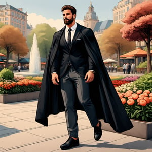 photorealistic , realistic ,  ,business casual ,  full body ,black cape ,beefcake , ultra-attractive ,add rexture , add texture in cape ,   full length , model angles ,attractive,having-cape,  cape is embroided , cape embroided ,  zoomed-out ,jet-black cape , loincloth , pavement coverd with flower garden  ,nature , fantasy , nature_city, attractive ,beefcake, wide scene ,business-suit ,  scenery ,menswear , city market fountain ,  walkway , photogenic , refined , ,hunk,photogenic ,detailed,  ,attactive , ,defined upturned, disconected-goatee , no deformation , no face distortion  , cape attached with fabric , cape attached with clasp , refined, , cape attached with necklace , cape attached with string , cape attached with leather straps , subtle_shading , subtle shading , black color outside cape lining   , textured  flower patches , textured enviorment , short beard-trim,LinkGirl