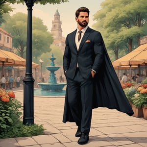 photorealistic , realistic ,  ,business casual ,  full body ,black cape ,beefcake , ultra-attractive ,add rexture , add texture in cape ,   full length , model angles ,attractive,having-cape,  cape is embroided , cape embroided ,, city market,  zoomed-out ,jet-black cape , flower garden  ,nature , fantasy , nature_city, attractive ,beefcake, wide scene ,business-suit ,  scenery ,menswear , city market fountain ,  walkway , photogenic , refined , ,hunk,photogenic ,detailed,  ,attactive , ,defined upturned, disconected-goatee , no deformation , no face distortion  , cape attached with fabric , cape attached with clasp , refined, , cape attached with necklace , cape attached with string , cape attached with leather straps , subtle_shading , subtle shading , black color outside cape lining   , textured  flower patches , textured enviorment