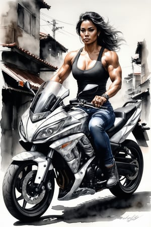 An ink wash portrait of a [Thai|Turkish] female bodybuilder sitting on a Suzuki Raider R150. Highly detailed. Cluttered maximalism. A masterpiece of ink wash painting captures the healthy skin of a stunning model. Soft lighting wraps around her face, accentuating every curve and crease adding texture to this intimate portrait and exuding sophistication and elegance. Urban scenery with cars, lampposts, neons.