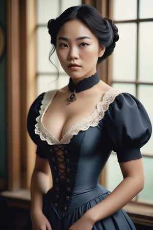 An artistic vision of a [black!asian] woman reenacting a Victorian lady in a day dress with a tight-laced bodice. An awe-inspiring masterpiece of glamour photography captures the perfect, healthy skin of a stunning model. Upper body shot with analog precision on a Pentax ME Super, soft lighting wraps around her face, accentuating every curve and crease. Analog film grain adds texture to her porcelain complexion. National Geographic-worthy, this intimate portrait exudes sophistication and elegance. Cluttered maximalism, Vivid colors. Close-up shot. Wide angle, High angle.