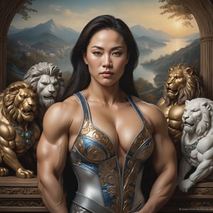 A portraiture of a [Korean| Slavic] female bodybuilder. Highly detailed. Cluttered maximalism. A masterpiece of Renaissance art captures the healthy skin of a stunning model. Soft lighting wraps around her face, accentuating every curve and crease adding texture to this intimate portrait and exuding sophistication and elegance. A classical scene with mythological creatures and a lush landscape.