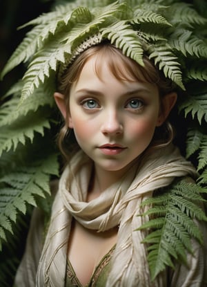 A photograph of a tiny elf lady hiding under the fern. She is wearing a warm dress, and scarf. Wondrous, ethereal. An awe-inspiring masterpiece of glamour photography captures the otherwordly beauty of the elf. Soft lighting wraps around her face, accentuating every curve and crease. Analog film grain adds texture to her porcelain complexion. National Geographic-worthy. Split-lighting. High angle. Vignette. Full body shot.,more detail XL