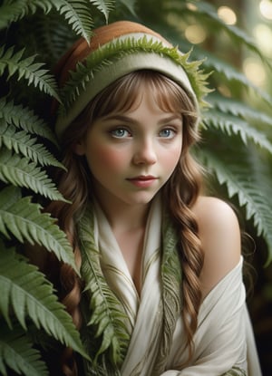 A photograph of a tiny elf lady hiding under the fern. She is wearing a warm dress, and scarf. Wondrous, ethereal. An awe-inspiring masterpiece of glamour photography captures the otherwordly beauty of the elf. Soft lighting wraps around her face, accentuating every curve and crease. Analog film grain adds texture to her porcelain complexion. National Geographic-worthy. Split-lighting. High angle. Vignette. Full body shot.,more detail XL