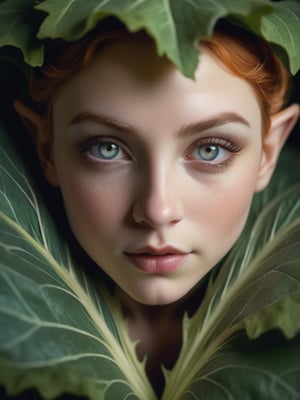 A macrophotography of a tiny elf lady hiding under the burdock leaf wearing a Renaissance dress. Mesmerizing, ethereal glow, crepuscular. An awe-inspiring masterpiece of glamour photography captures the stunning beauty of the elf. Soft lighting wraps around her face, accentuating every curve and crease. Analog film grain adds texture to her porcelain complexion. Deep dream. National Geographic-worthy, this intimate portrait exudes sophistication and elegance. Cluttered maximalism, High angle. Full body shot.
