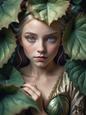 A macrophotography of a tiny elf lady hiding under the burdock leaf wearing a Renaissance dress. Mesmerizing, ethereal glow, crepuscular. An awe-inspiring masterpiece of glamour photography captures the stunning beauty of the elf. Soft lighting wraps around her face, accentuating every curve and crease. Analog film grain adds texture to her porcelain complexion. Deep dream. National Geographic-worthy, this intimate portrait exudes sophistication and elegance. Cluttered maximalism, High angle. Full body shot.