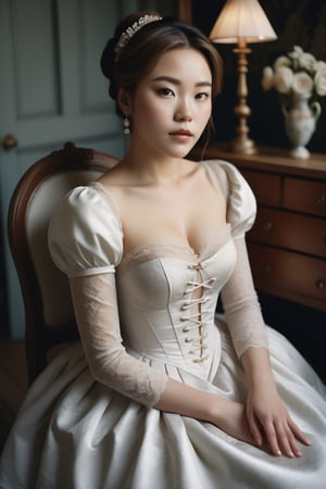 An artistic vision of a woman from [Norway!Korea] reenacting a Victorian lady in a day dress with a tight-laced bodice. She is sitting in her atelier. An awe-inspiring masterpiece of glamour photography captures the perfect, healthy skin of a stunning model. Full body shot with analog precision on a Pentax ME Super, soft lighting wraps around her face, accentuating every curve and crease. Analog film grain adds texture to her porcelain complexion. National Geographic-worthy, this intimate portrait exudes sophistication and elegance. Cluttered maximalism, Vivid colors. Close-up shot. Wide angle, High angle.