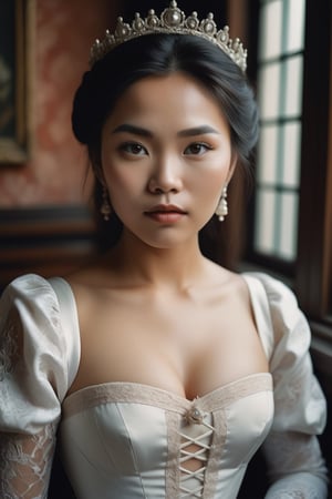 An artistic vision of a woman from [Myanmar!Finland] reenacting a Victorian lady in a day dress with a stiff tight-laced bodice. An awe-inspiring masterpiece of glamour photography captures the perfect, healthy skin of a stunning model. Full body shot with analog precision on a Pentax ME Super, soft lighting wraps around her face, accentuating every curve and crease. Analog film grain adds texture to her porcelain complexion. National Geographic-worthy, this intimate portrait exudes sophistication and elegance. Cluttered maximalism, Vivid colors. Close-up shot. Wide angle, High angle.