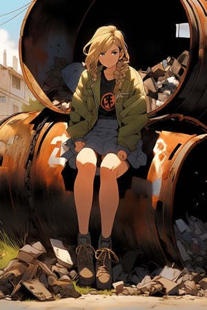 An artistic vision of a young woman sitting on a fuel barrel. She is dressed in a jacket, skirt, and ankle boots. Hair was parted in the middle, framed the face symmetrically, smoothed down at the sides, and braided. Hair between the eyes. She is sitting in a thinker pose. An abandoned town with ruined buildings, long deserted streets, rusty car wrecks, trees, grass, foliage, scattered garbage, fires, and dramatic lighting emphasizing shadows. Masterpiece. Highly detailed. Practical lighting. Close-up.