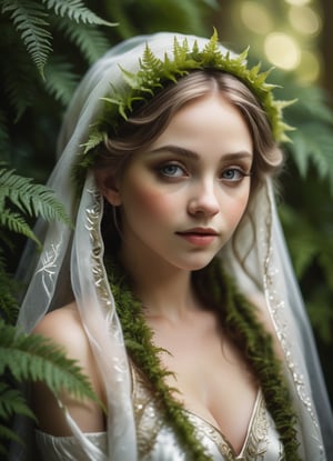 A tilt-shift photograph of a tiny elf lady hiding under the fern. She is wearing an opulent dress, scarf and veil. Wondrous, ethereal, twinkling. An awe-inspiring masterpiece of glamour photography captures the otherwordly beauty of the elf. Soft lighting wraps around her face, accentuating every curve and crease. Analog film grain adds texture to her porcelain complexion. National Geographic-worthy. High angle. Vignette. Full body shot.,more detail XL