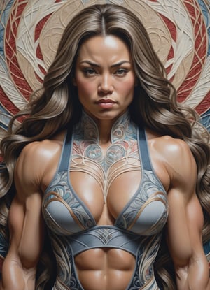 A thread painting of a [Japan|Slavic] female bodybuilder. Highly detailed. Cluttered maximalism. A masterpiece of Art Noveau art captures the healthy skin of a stunning model. Soft lighting wraps around her face, accentuating every curve and crease adding texture to this intimate portrait and exuding sophistication and elegance. Organic patterns with flowing lines and botanical motifs.