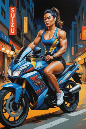 A fragmented, cubist portrait of a [Thai|Turkish] female bodybuilder sitting on a Suzuki Raider R150. Highly detailed. Cluttered maximalism. A masterpiece of cubist painting captures the healthy skin of a stunning model. Soft lighting wraps around her face, accentuating every curve and crease adding texture to this intimate portrait and exuding sophistication and elegance. Urban scenery with cars, lampposts, neons.