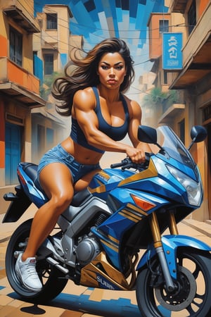 A fragmented, cubist portrait of a [Thai|Turkish] female bodybuilder sitting on a Suzuki Raider R150. Highly detailed. Cluttered maximalism. A masterpiece of cubist painting captures the healthy skin of a stunning model. Soft lighting wraps around her face, accentuating every curve and crease adding texture to this intimate portrait and exuding sophistication and elegance. Urban scenery with cars, lampposts, neons.