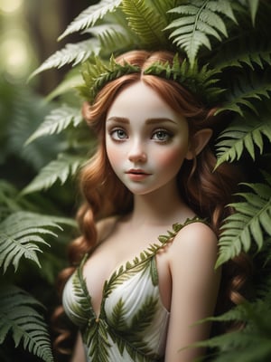 A tilt-shift photograph of a tiny elf lady hiding under the fern. She is wearing an opulent warm dress. Wondrous, ethereal, twinkling. An awe-inspiring masterpiece of glamour photography captures the otherwordly beauty of the elf. Soft lighting wraps around her face, accentuating every curve and crease. Analog film grain adds texture to her porcelain complexion. National Geographic-worthy. High angle. Vignette. Full body shot.,more detail XL
