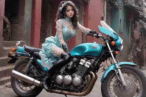 Hyperrealistic vision of an alluring and hot witch dressed in cyan Wa Lolita attire driving on her Honda CB750 motorcycle. Her dress is embroidered in lace patterns. Black tights. High heeled ankle boots. Oversized leather gloves. Half smile. Disheveled hair. Cluttered maximalism. Low-key lighting. High angle. Haunting atmosphere.  High-resolution details, realism pushed to extreme, fine texture, incredibly lifelike. ani_booster,real_booster,photo_b00ster,gugong,jyutaku