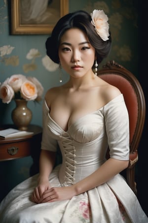 An artistic vision of a woman from [Japan!Sweden] reenacting a Victorian lady in a day dress with a tight-laced bodice. She is sitting in her atelier. An awe-inspiring masterpiece of glamour photography captures the perfect, healthy skin of a stunning model. Full body shot with analog precision on a Pentax ME Super, soft lighting wraps around her face, accentuating every curve and crease. Analog film grain adds texture to her porcelain complexion. National Geographic-worthy, this intimate portrait exudes sophistication and elegance. Cluttered maximalism, Vivid colors. Close-up shot. Wide angle, High angle.