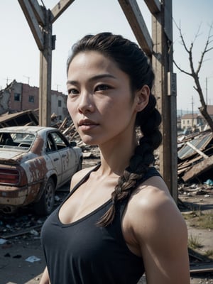 A photograph of a [Korean| Slavic] female bodybuilder surveying an abandoned town. Musclecore. Dark blonde hair styled into braids. Traveling gear. Ruined buildings, long deserted streets, rusty car wrecks, trees, grass, scattered garbage, empty streets. Post-apocalyptic theme. Highly detailed. Cluttered maximalism. Close-up shot. Super wide angle, High angle. A masterpiece of glamour photography captures the perfect, healthy skin of a stunning model. Shot with analog precision on a Pentax ME Super, soft lighting wraps around her face, accentuating every curve and crease. Film grain adds texture to this intimate portrait and exudes sophistication and elegance. National Geographic-worthy, 
