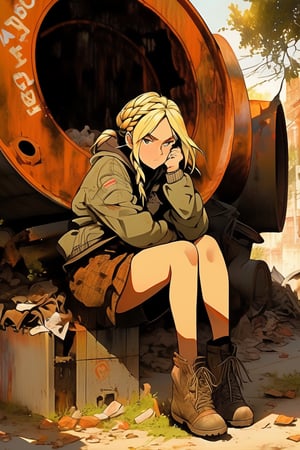 An artistic vision of a young woman sitting on a fuel barrel. She is dressed in a jacket, skirt, and ankle boots. Hair was parted in the middle, framed the face symmetrically, smoothed down at the sides, and braided. Hair between the eyes. She is sitting in a thinker pose. An abandoned town with ruined buildings, long deserted streets, rusty car wrecks, trees, grass, foliage, scattered garbage, fires, and dramatic lighting emphasizing shadows. Masterpiece. Highly detailed. Practical lighting. Close-up.