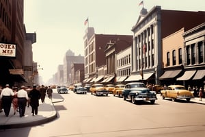 Panoramic photograph of a busy American street in the center of the city, depicting bustling times of 1950s prosperity. Side view. Shot on Kodak Brownie.