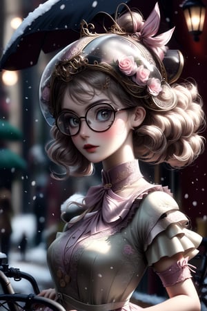 Alluring and hot female, big and perfect eyes, thin and slightly upturned nose, appealing full lips, flirting. Glasses, bicycle helmet, sweet lolita dress, bike. Trending on Artstation, sharp focus, studio photo, intricate details, highly detailed, snow, octane render, 64k, photorealistic concept art, soft natural light, chiaroscuro, masterpiece.,Decora_SWstyle,style