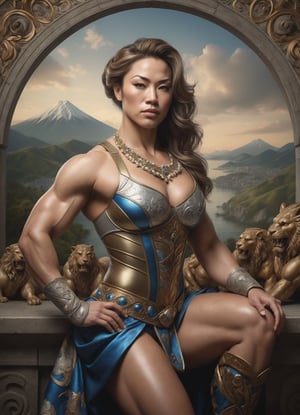 A portraiture of a [Japan|Slavic] female bodybuilder. Highly detailed. Cluttered maximalism. A masterpiece of Renaissance art captures the healthy skin of a stunning model. Soft lighting wraps around her face, accentuating every curve and crease adding texture to this intimate portrait and exuding sophistication and elegance. A classical scene with mythological creatures and a lush landscape.