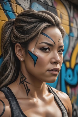 A graffiti painting of a [Korean| Slavic] female bodybuilder. Trompe-l'oeil.   Post-apocalyptic theme. Highly detailed. Cluttered maximalism. Close-up shot. Super wide angle, High angle. A masterpiece of street photography captures the healthy skin of a stunning model. Shot with analog precision on a Pentax ME Super, soft lighting wraps around her face, accentuating every curve and crease. Film grain adds texture to this intimate portrait and exudes sophistication and elegance. National Geographic-worthy,