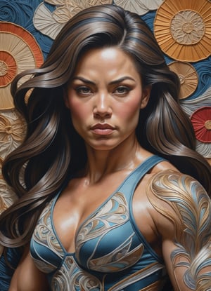 A thread painting of a [Japan|Slavic] female bodybuilder. Highly detailed. Cluttered maximalism. A masterpiece of Art Noveau art captures the healthy skin of a stunning model. Soft lighting wraps around her face, accentuating every curve and crease adding texture to this intimate portrait and exuding sophistication and elegance. Organic patterns with flowing lines and botanical motifs.