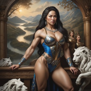 A portraiture of a [Korean| Slavic] female bodybuilder. Highly detailed. Cluttered maximalism. A masterpiece of Renaissance art captures the healthy skin of a stunning model. Soft lighting wraps around her face, accentuating every curve and crease adding texture to this intimate portrait and exuding sophistication and elegance. A classical scene with mythological creatures and a lush landscape.