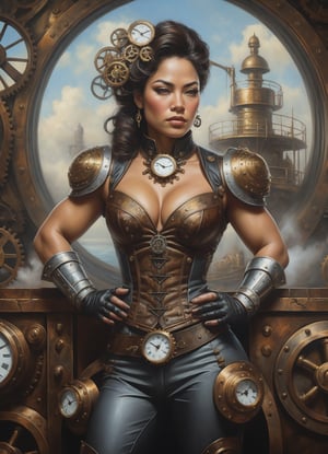 A steampunk vision of a [Thai|Turkish] female bodybuilder. Highly detailed. Cluttered maximalism. A masterpiece of Victorian oil painting captures the healthy skin of a stunning model. Soft lighting wraps around her face, accentuating every curve and crease adding texture to this intimate portrait and exuding sophistication and elegance. Futuristic scenery with clockwork and steam machinery.