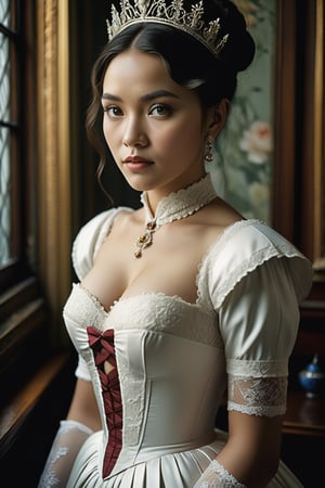 An artistic vision of a woman from [Myanmar|Finland] reenacting a Victorian lady in a day dress with a stiff tight-laced bodice. An awe-inspiring masterpiece of glamour photography captures the perfect, healthy skin of a stunning model. Full body shot with analog precision on a Pentax ME Super, soft lighting wraps around her face, accentuating every curve and crease. Analog film grain adds texture to her porcelain complexion. National Geographic-worthy, this intimate portrait exudes sophistication and elegance. Cluttered maximalism, Vivid colors. Close-up shot. Wide angle, High angle.