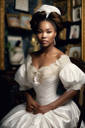An artistic vision of a woman from [Jamaica!Korea] reenacting a Victorian lady in a day dress with a tight-laced bodice. She is sitting in her atelier. An awe-inspiring masterpiece of glamour photography captures the perfect, healthy skin of a stunning model. Full body shot with analog precision on a Pentax ME Super, soft lighting wraps around her face, accentuating every curve and crease. Analog film grain adds texture to her porcelain complexion. National Geographic-worthy, this intimate portrait exudes sophistication and elegance. Cluttered maximalism, Vivid colors. Close-up shot. Wide angle, High angle.