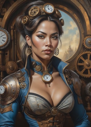 A steampunk vision of a [Thai|Turkish] female bodybuilder. Highly detailed. Cluttered maximalism. A masterpiece of Victorian oil painting captures the healthy skin of a stunning model. Soft lighting wraps around her face, accentuating every curve and crease adding texture to this intimate portrait and exuding sophistication and elegance. Futuristic scenery with clockwork and steam machinery.